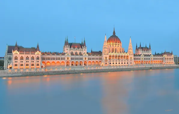Огни, река, парламент, Венгрия, Будапешт, Дунай