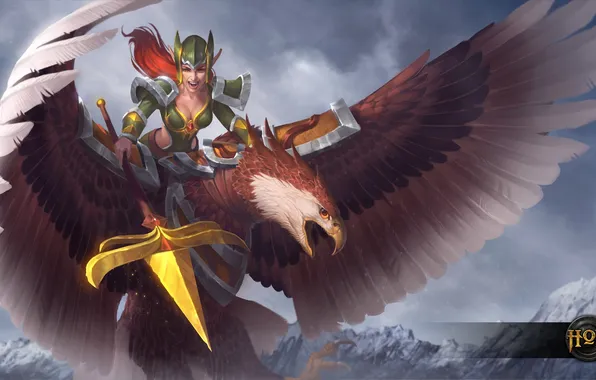 Картинка девушка, орел, копье, heroes of newerth, Eagle Rider, Plague Rider