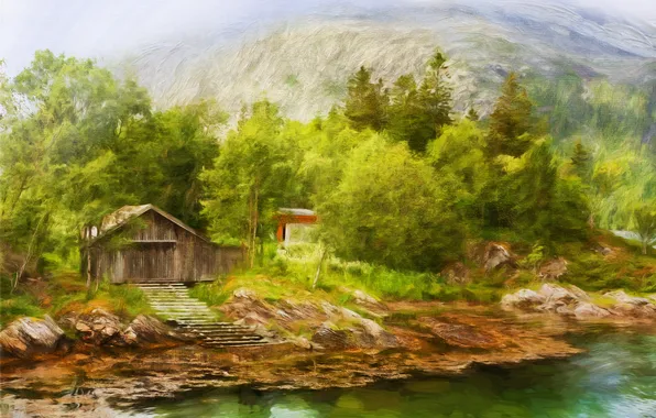Картинка деревья, пейзаж, горы, озеро, рисунок, картина, домик