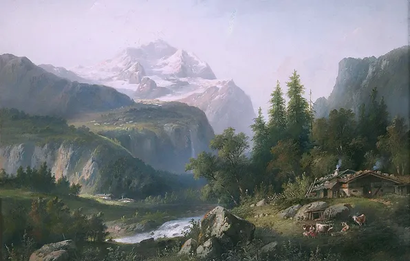 Горы, Деревья, Дом, Картина, Речка, Австрийский художник-пейзажист, Эдуард Бем, Eduard Boehm