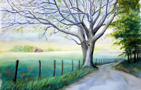 Картинка дорога, поле, деревья, пейзаж, дом, картина