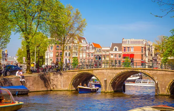 Картинка мост, река, весна, Амстердам, bridge, Amsterdam, old, spring