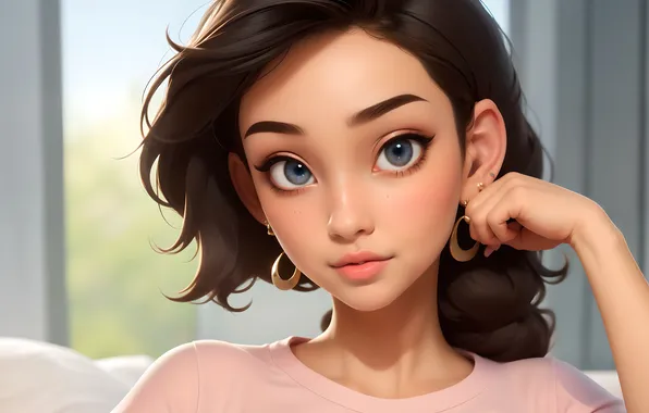 Взгляд, серьги, красивая девушка, очарование, digital art, цифровое искусство, женский портрет, ИИ арт