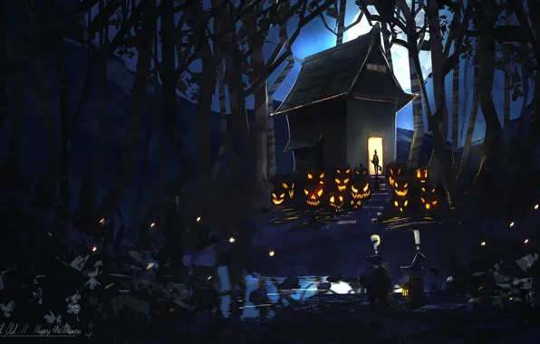 Лес, ночь, дом, луна, арт, тыквы, нечисть, happy halloween