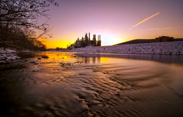 Картинка снег, ветки, река, morning, River, Pennsylvania, Long Exposure, bethlehem