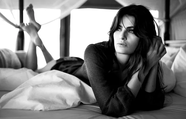 Взгляд, девушка, модель, подушки, брюнетка, постель, черно-белое, Isabeli Fontana