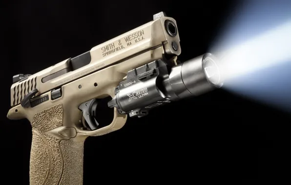 Свет, пистолет, оружие, фон, луч, фонарик, Smith &amp; Wesson, Springfield