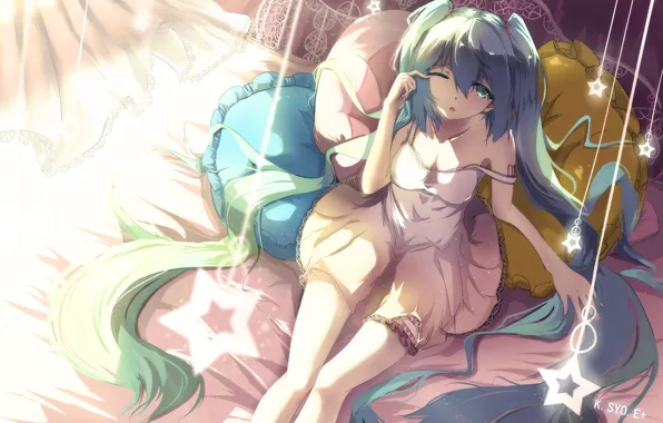 Звезды, кровать, подушки, аниме, арт, hatsune miku, kuroi asahi