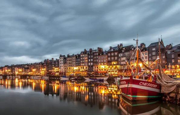 Город, Франция, пристань, дома, корабли, Basse-Normandie, Honfleur