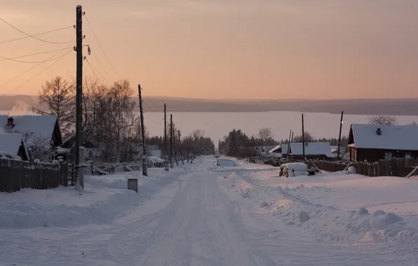 Картинка зима, закат, поселок, Сибирь