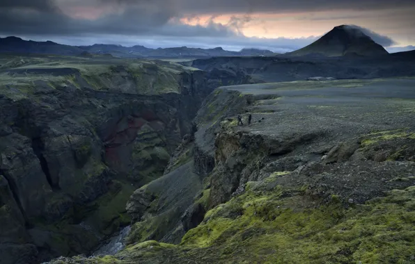 Пейзаж, закат, горы, человек