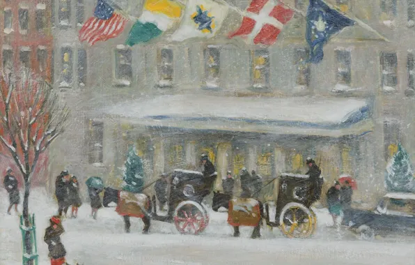 Зима, снег, картина, флаг, городской пейзаж, Guy Carleton Wiggins, Отель Плаза