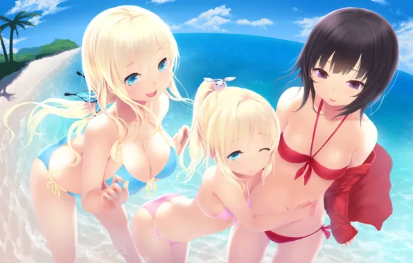 Море, купальник, вода, девушки, boku wa tomodachi ga sukunai, kashiwazaki sena, cait, hasegawa kobato