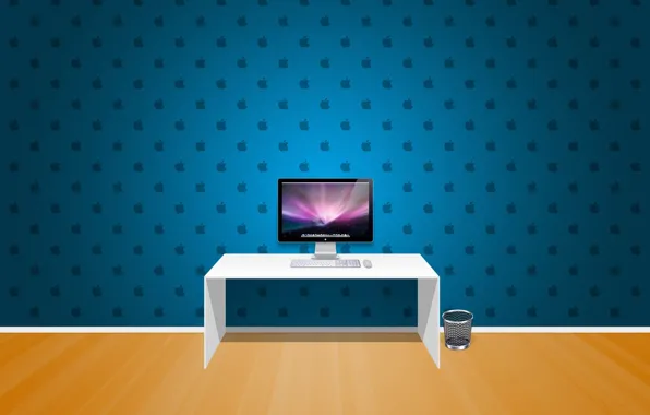 Компьютер, стол, стены, комната apple