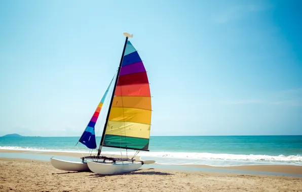 Картинка песок, море, волны, пляж, лето, яхта, colorful, парус