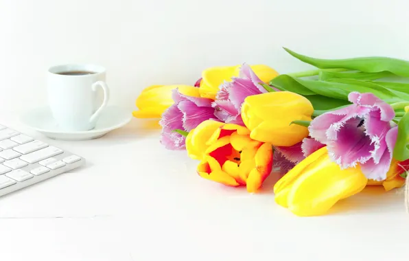 Цветы, кофе, весна, colorful, тюльпаны, fresh, wood, flowers