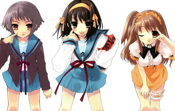 Белый фон, трое, nagato yuki, подруги, матроска, mikuru asahina, haruhi suzumiya, the melancholy of haruhi …