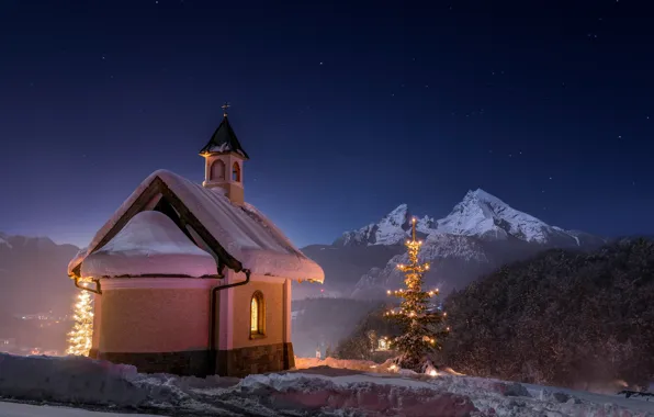 Картинка зима, ночь, храм, Bavaria, Berchtesgaden