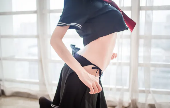 Beautiful, Asian, Model, Woman, Window, Uniform, Close Up, Kneeling