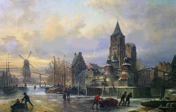 Дома, Люди, Канал, Картина, Голландский художник, Elias Pieter van Bommel, Элиас Питер ван Боммель, Зимний …