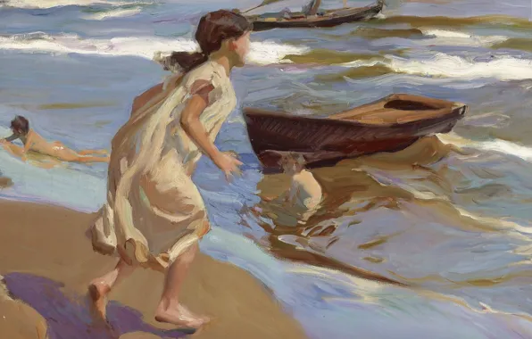Дети, лодка, картина, жанровая, Хоакин Соролья, Joaquin Sorolla y Bastida, Время Купания
