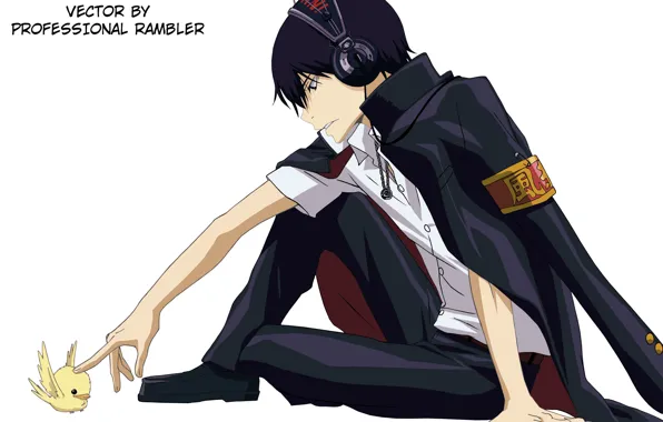 Аниме, наушники, парень, птичка, Katekyo Hitman REBORN!, Hibari Kyoya, Hibird