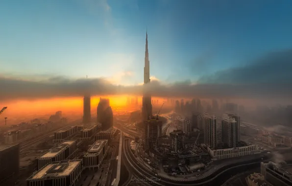 Картинка ночь, город, вечер, Дубай, ОАЭ, облака.туман