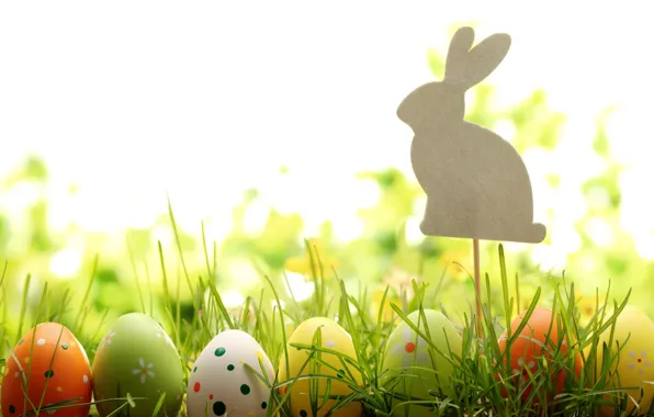 Картинка трава, природа, праздник, яйца, весна, кролик, Пасха, фигурка