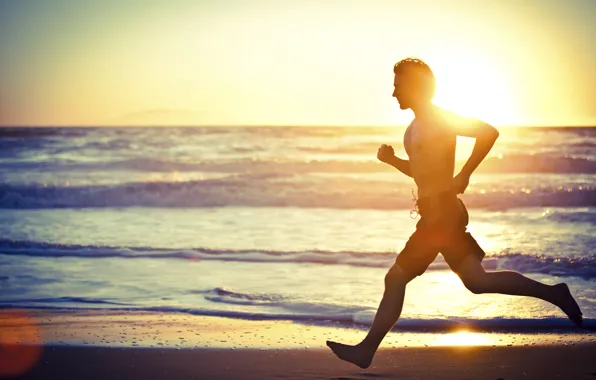 Картинка beach, sunset, man, workout, fitness, running on the beach