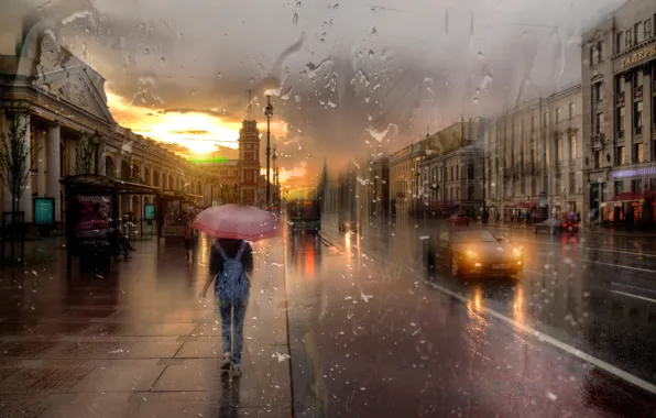 Картинка девушка, дождь, зонт, Санкт-Петербург, Невский проспект