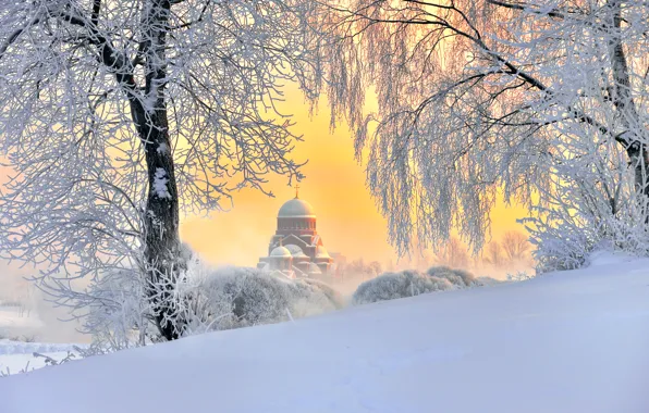 Картинка зима, Санкт-Петербург, храм, Россия, снег пушистый, январское небо