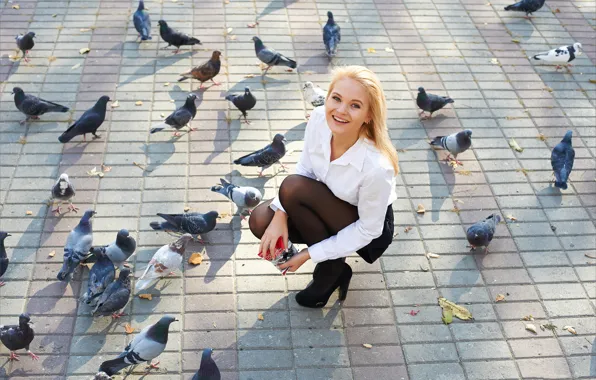 Long hair, hot girl, park, birds, model, outside, sexy woman, photoshoot