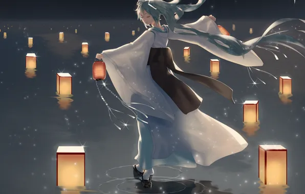Девушка, ночь, озеро, Hatsune Miku, фонарики, Vocaloid, Вокалоид, Хатсуне Мику