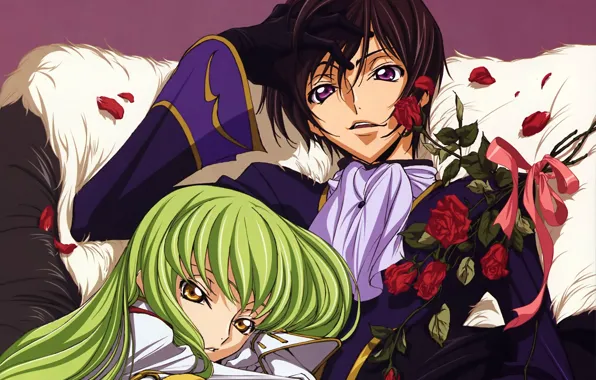 Букет, двое, зеленые волосы, art, code geass, код гиас, c.c., takahiro himura