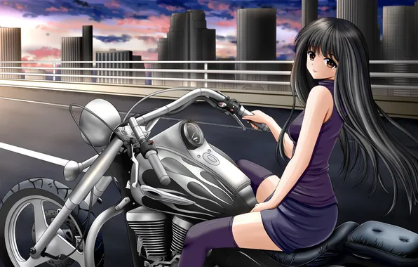 Картинка девушка, мост, город, арт, мотоцикл, ilolamai