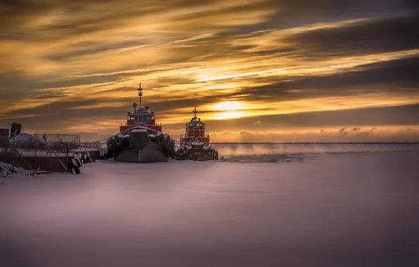 Картинка закат, лёд, корабли