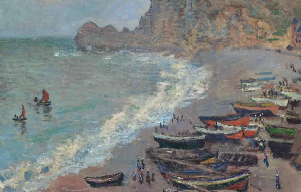 Картинка пейзаж, берег, картина, лодки, Клод Моне, Пляж в Этрете
