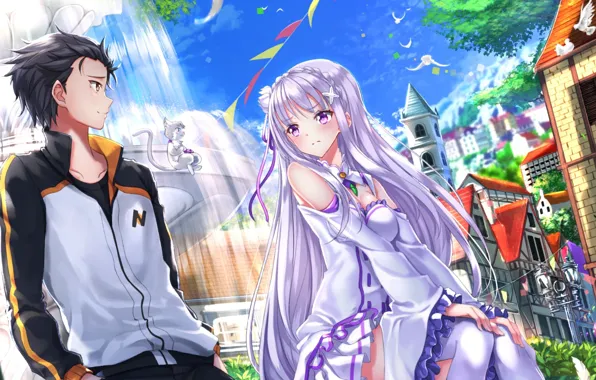 Кот, девушка, аниме, арт, парень, Re: Zero kara Hajimeru Isekai Seikatsu