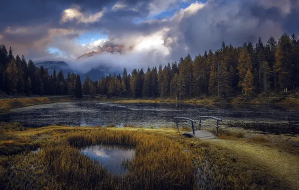 Осень, мост, природа, озеро