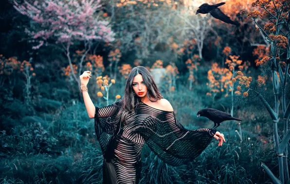 Картинка девушка, птицы, природа, макияж, Queen of the Forest