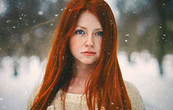 Картинка снег, портрет, рыжеволосая, red girl