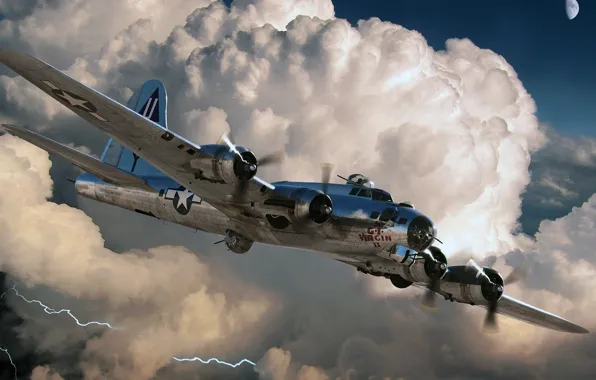 Луна, молния, Boeing, ВВС США, B-17, Flying Fortress