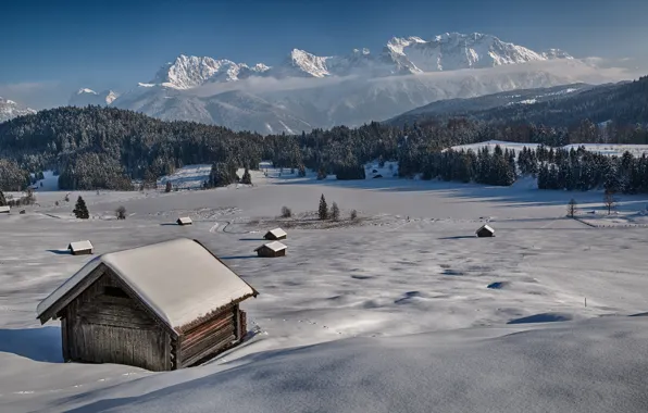 Картинка зима, снег, деревья, горы, склон, Бавария, Альпы, германия