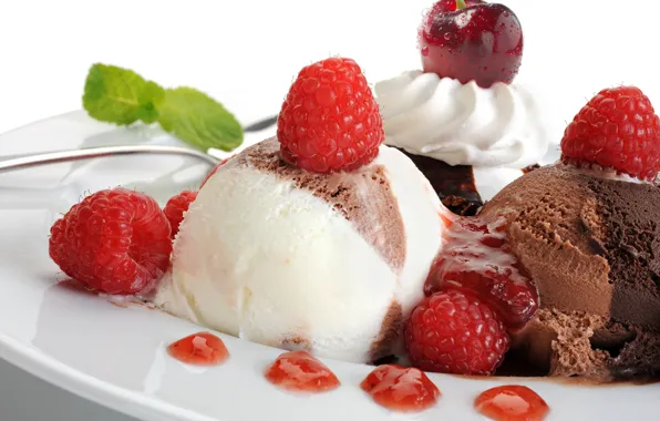 Картинка вишня, малина, мороженое, десерт, джем, сладкое, шоколадное, пломбир