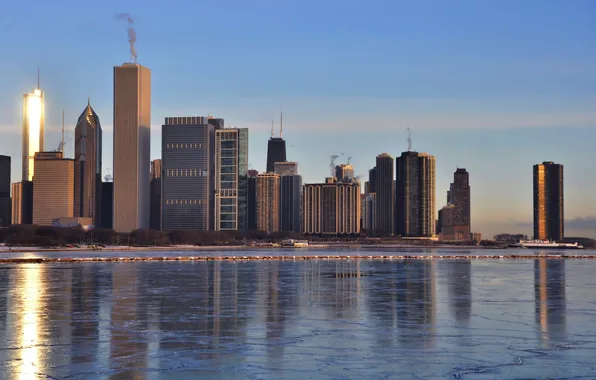 Зима, город, Чикаго, Иллиноис, панорамма