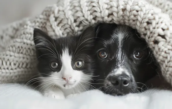 Кошка, кот, взгляд, уют, вместе, собака, плед, парочка