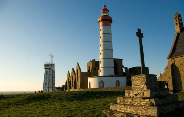 Картинка море, небо, побережье, Франция, маяк, горизонт, солнечно, Pointe Saint-Mathieu