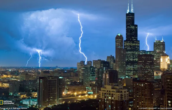 Картинка город, фото, молния, небоскребы, Чикаго, США, National Geographic, Иллиноис