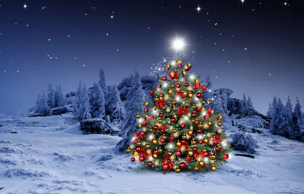 Картинка зима, снег, украшения, снежинки, шары, елки, Новый Год, Рождество