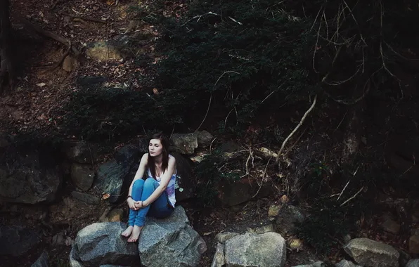 Лес, девушка, камни, шатенка